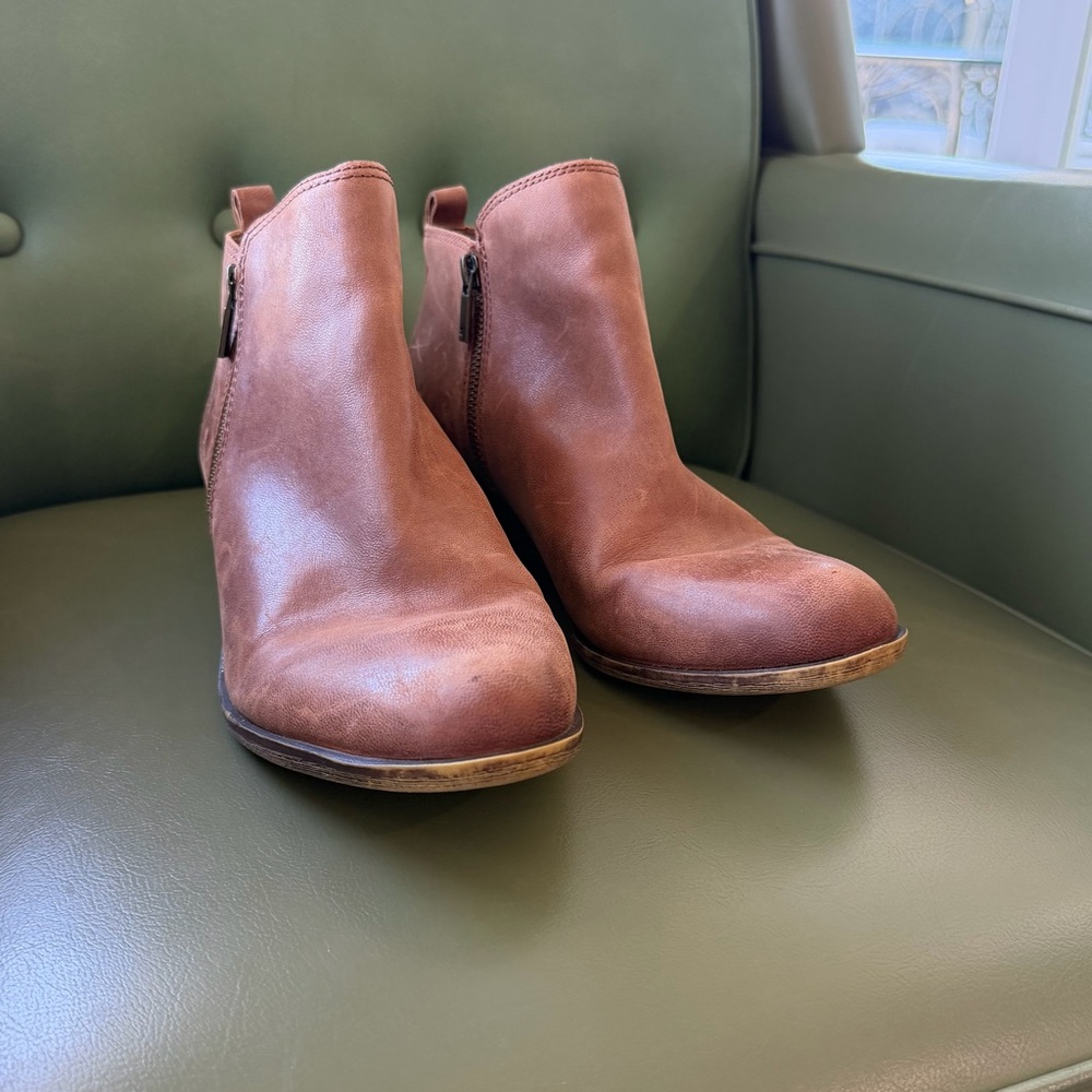 Lucky Brand Brown Leather Ankle Boots Womens Size 9.5 Side Zip Low Heel Booties